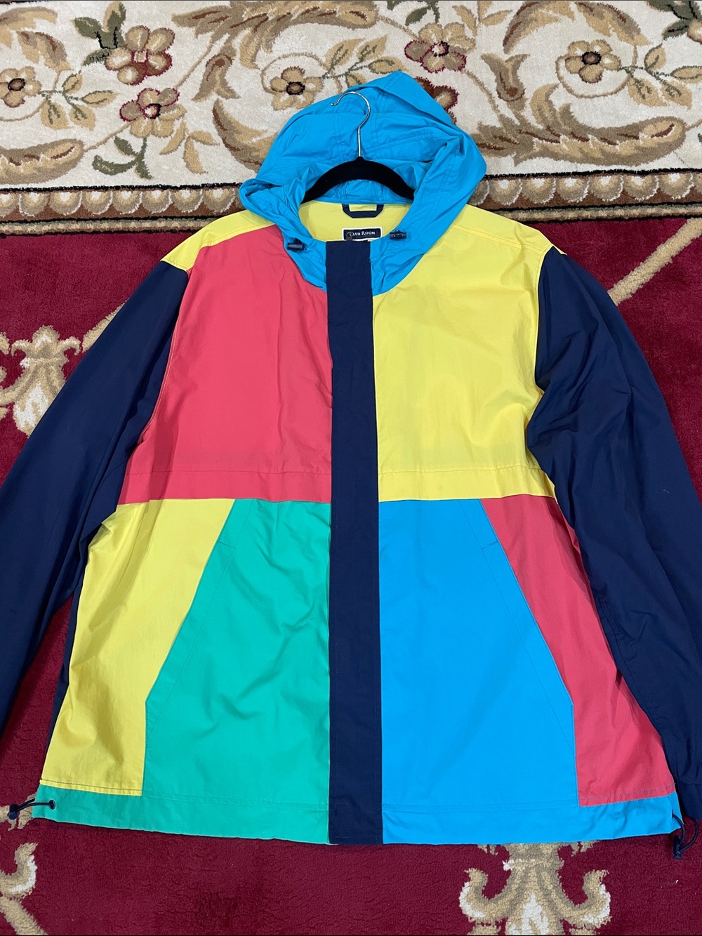 Club Room Multi-Color Block Hooded Rain Jacket - Blue, Yellow, Red, Teal, Navy